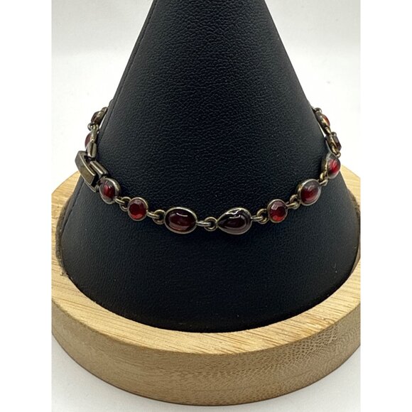 Vintage Red Glass & Brass Oval Link Bracelet With Clasp Closure - Picture 3 of 6